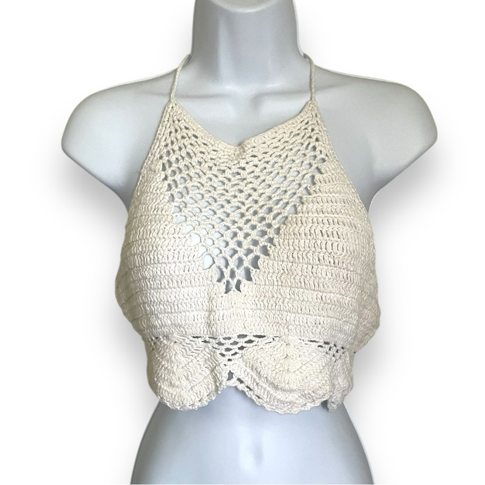 Cotton On XL Cream Crochet Halter Crop Top – Boho Festival Adjustable Tie Back - Picture 9 of 10